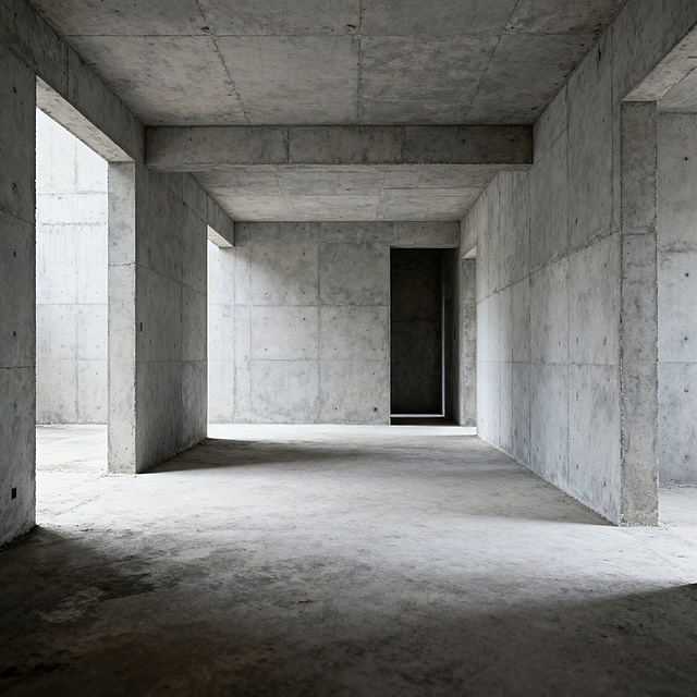 空旷的毛坯房内部，水泥墙面和地面，未装修的原始建筑空间，自然采光，真实摄影风格，画面清晰干净