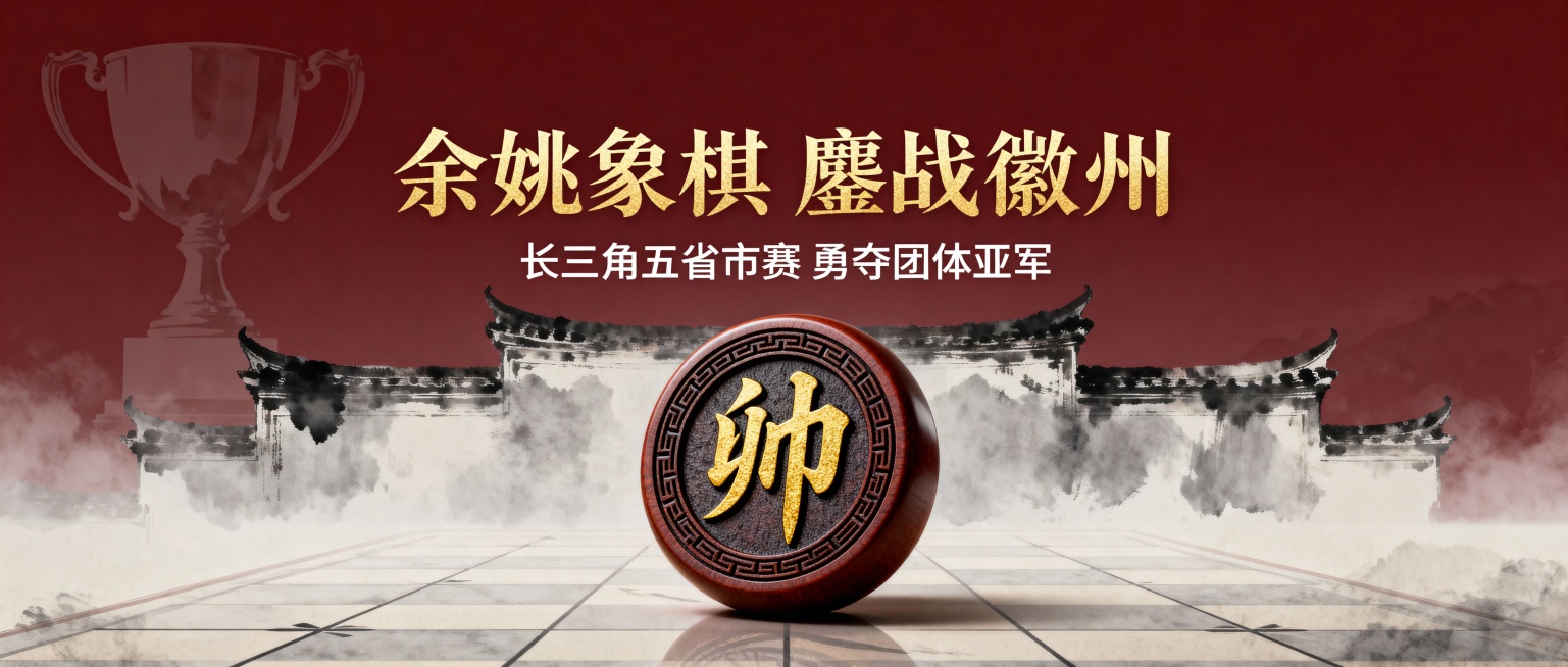 中式典雅风格公众号封面，一枚立体中国象棋“帅”字棋子置于画面中央，棋子表面有金色“余姚”二字书法，背景为朦胧的徽派马头墙水墨轮廓与淡雅棋盘格纹理，左上角有若隐若现的亚军奖杯剪影。上方主标题“余姚象棋预览效果