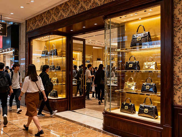 国内商场的EFLYTER品牌女包店铺，双开间或三开间，店面设计高级有质感，充满港式复古风格，橱窗内清晰陈列多款精致女包，店门口有很多中国人来往，氛围热闹有烟火气，整体呈现香港商圈店铺的特色韵味