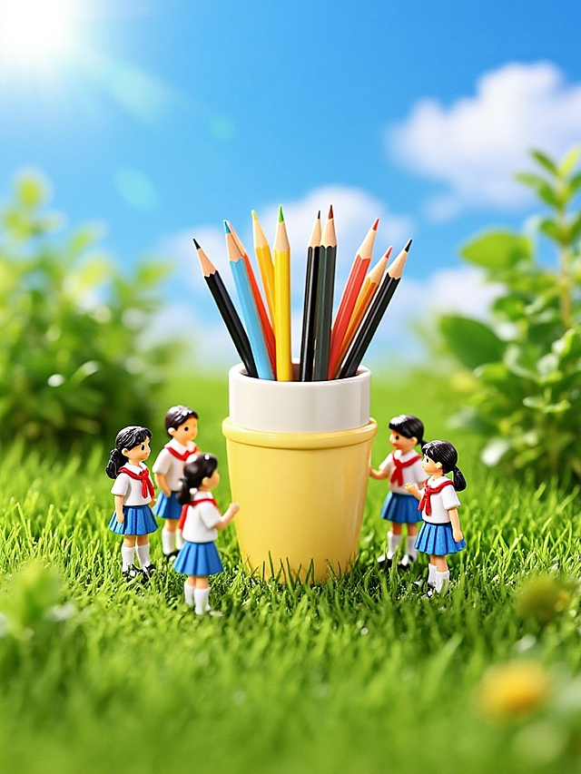 清新卡通风格，微缩艺术展现学生与彩铅互动，营造童趣盎然的校园氛围。