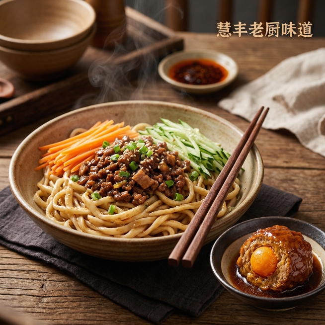 图片右上角有饭店logo文字“慧丰老厨味道”，图片中心是一碗热气腾腾的干拌手擀面，面条上有胡萝卜丝、炸酱、黄瓜丝，旁边放着一个小碗，小碗里装着一个咸蛋黄狮子头，场景清晰，突出菜品主体，整体美食摄影风格预览效果