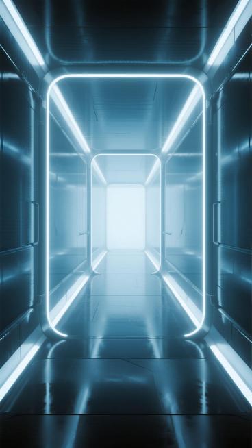 未来感科技风格直播间背景，呈现一个由发光线条勾勒的无限延伸的走廊空间，两侧是光滑的玻璃质感墙壁，地面为反光镜面材质，尽头有明亮的光源营造出深远的透视感，整体采用渐变的蓝色调，光线柔和均匀，具有强烈的科技氛围和纵深感，画面简洁干净，无任何文字和二维码元素。预览效果