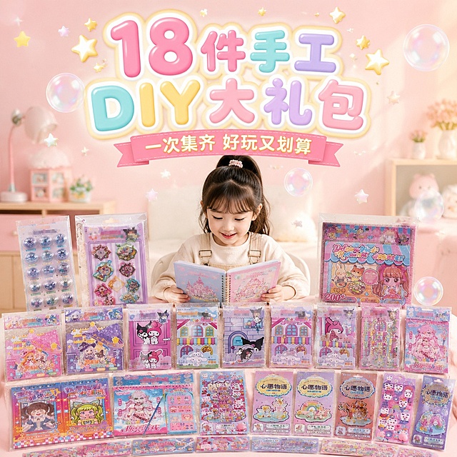 电商正方形 1:1 主图，视觉风格为甜美可爱类马卡龙清新风 + 卡通童趣风，整体色调柔和高级、画面干净通透，风格统一无割裂感。画面搭建温馨儿童书桌场景，一位 6-8 岁、穿浅色系休闲童装的可爱女童坐在桌前，手持打开的安静书专注玩耍，桌面错落摆放礼包内的贴纸、游戏本等多款产品，严格还原上传的产品图，包括包装设计、颜色、LOGO 位置、文字内容、图案元素等所有细节，产品为独立卡装 / 袋装便携尺寸，适配儿童手持操作，所有产品上的卡通 IP 形象标识区域做模糊马赛克处理，规避具体品牌 IP 露出。背景为浅粉与奶白渐变的柔色墙面，点缀细碎星星、透明泡泡等轻量童趣装饰，光线为柔和自然光，营造治愈的手工玩耍氛围。字体采用促销氛围类气泡可爱文字 + 基础排版类大小层级排版，主标题为加粗圆润气泡字「18 件手工 DIY 大礼包」，放置在画面顶部居中位置，字号大且醒目；副标题为「一次集齐 好玩又划算」，放置在主标题下方，字号稍小，配色与整体马卡龙风格呼应。排版形式为居中对称排版，人物与产品居于视觉中心，文字分布在顶部，整体氛围感强，突出真实使用场景与核心利益点。