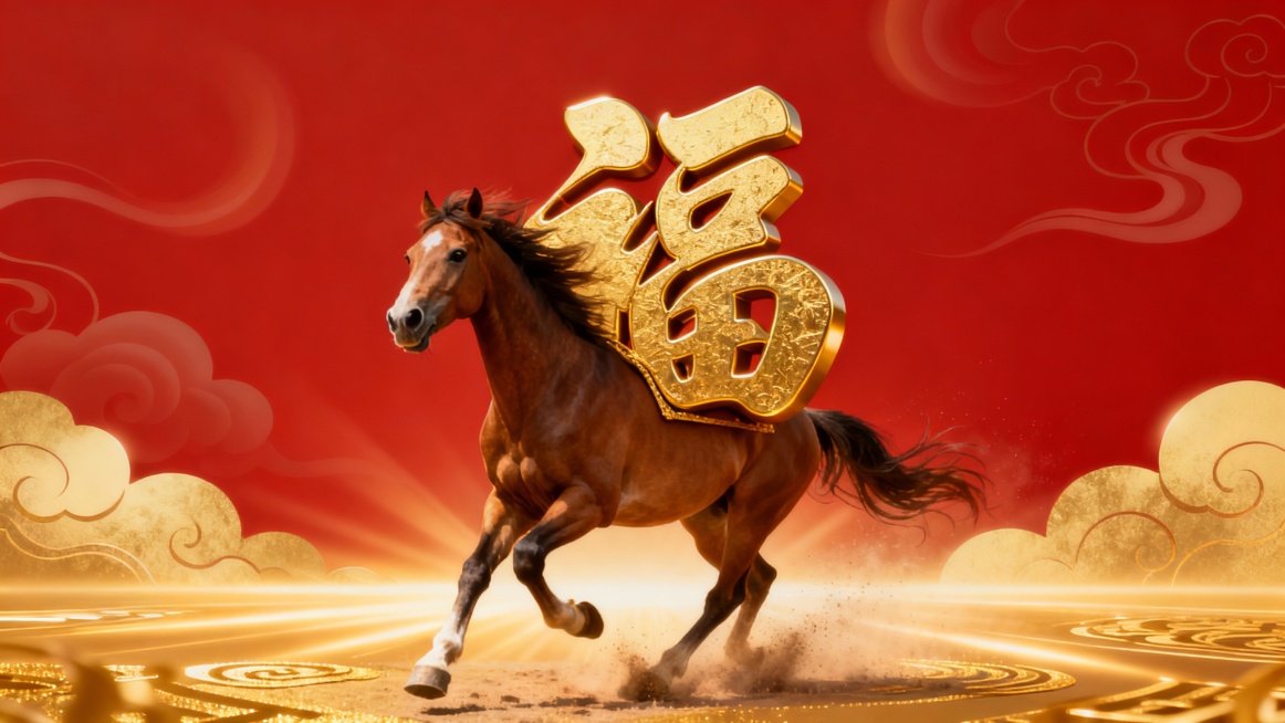 这是一款将传统元素与现代设计风格相融合的 “马上有福” 主题设计，艺术类型为平面设计，可应用于海报、卡片等多种载体。主体是一匹身姿矫健的骏马，以昂首奔腾的姿态呈现，象征着积极进取与活力。马身线条流畅，预览效果