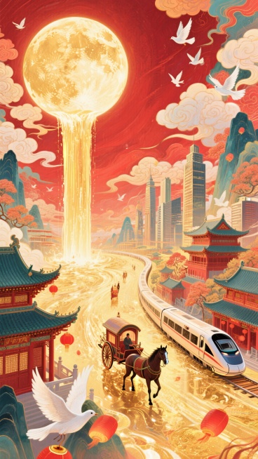 月光如金色的瀑布从圆月（占满画面2/3）上倾泻到底部的全景大地上（马车、动车分别行驶在古建筑和城市间），画面带有发光效果，白鸽飞过，整体画面充斥着华丽的金色和喜庆的红色，奇幻色彩和光影变化，具有丰富的预览效果