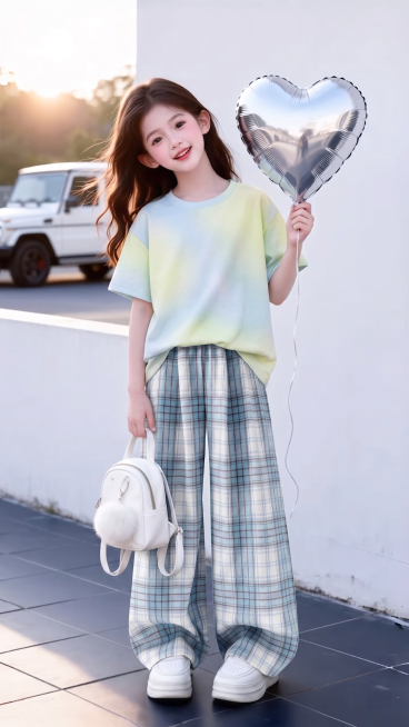 用图1的宽松短袖短袖和宽松阔腿裤替换图的2的人物穿搭衣服裤子，保留原场景光影，保持图2的人物的五官和发型不变，图片宽高尺寸不变，背景不变，鞋子不变，人物姿势不变，保持图1的短袖和裤子的款式材质不变和颜预览效果
