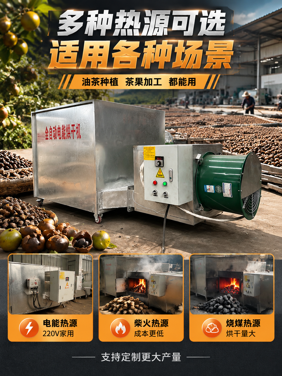 [主图-4] 茶籽烘干机场景适用与多热源适配，展示油茶种植加工… - 图片创意预览