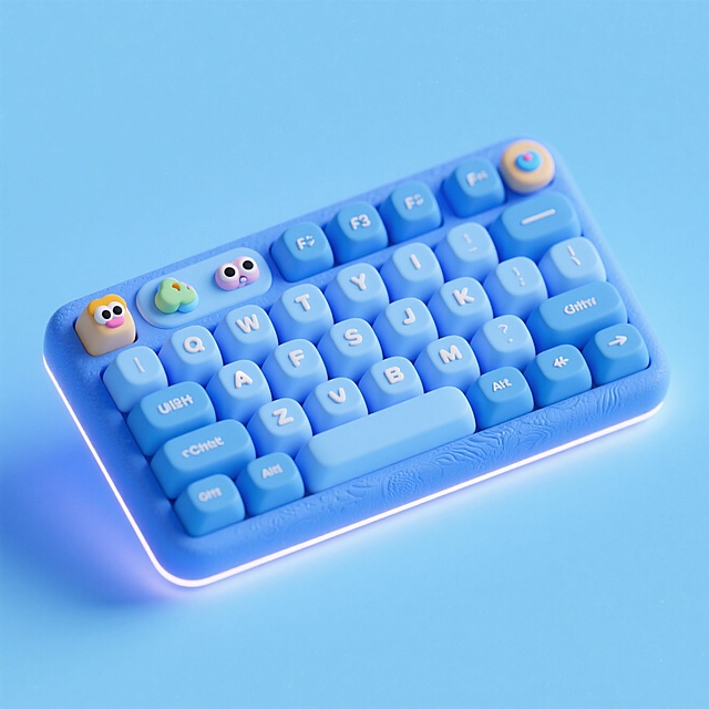 蓝色游戏键盘，带有柔和的渐变和卡通风格，3D图标，膨胀，粘土软3d材质，UI 设计风格，小清新配色，渐变背景