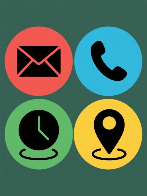 四个完全不同的坐标系列素材集合，每个素材为纯色背景上的简约扁平化图标，第一个是红色背景上的黑色信封图标，第二个是蓝色背景上的黑色电话图标，第三个是绿色背景上的黑色时钟图标，第四个是黄色背景上的黑色地图图标，所有图标均为纯黑色填充，边缘光滑无笔触，圆形或类圆形轮廓，底部有环形装饰，四个素材规整排布在同一画面中，保持相同的风格和元素类目。预览效果