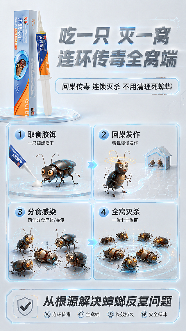 将第一张图的整体配色方案替换为第二张图的浅灰白色科技风配色，背景改为浅灰白色金属质感，发光边框和科技元素改为浅蓝色调，保持第一张图的所有文字内容、排版布局、产品和蟑螂卡通形象完全不变，整体风格干净明亮的浅色系科技感