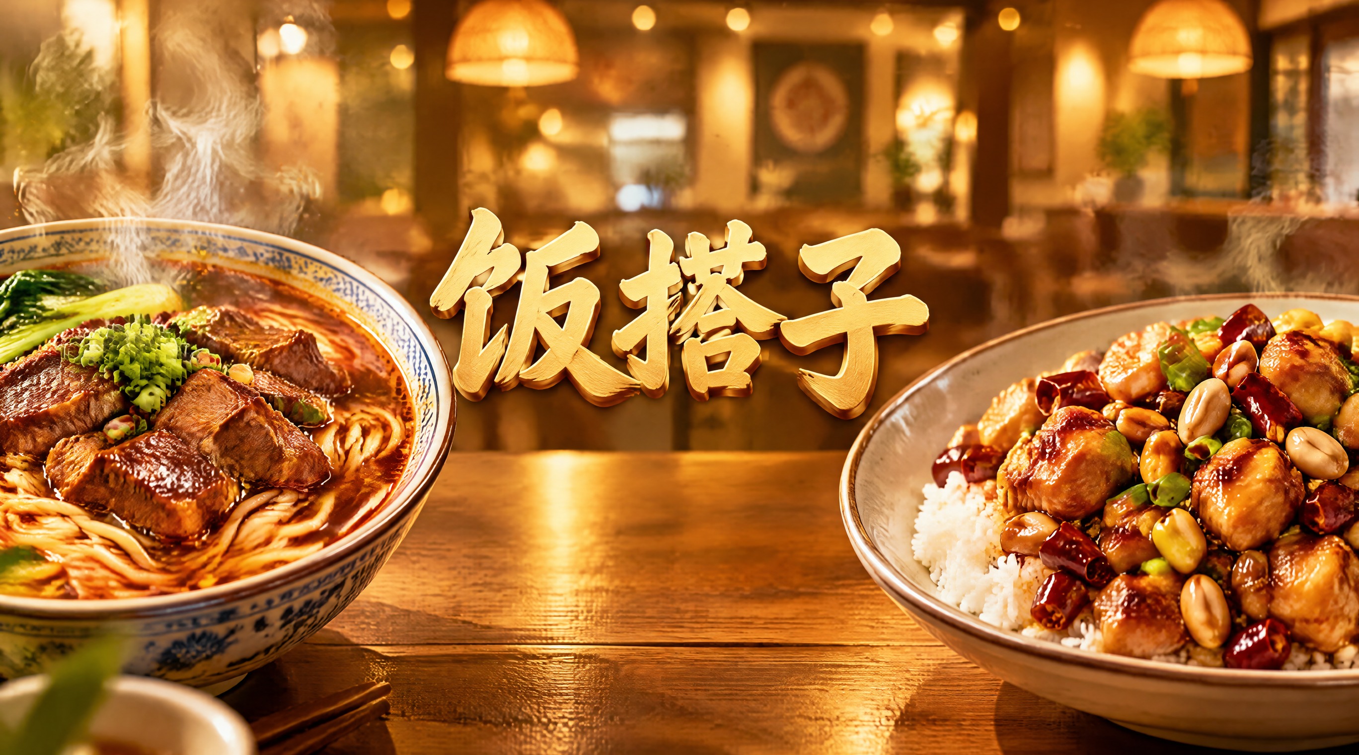 餐饮店招设计，店名"饭搭子"，横版构图，画面左侧展示一碗热气腾… - 图片创意预览