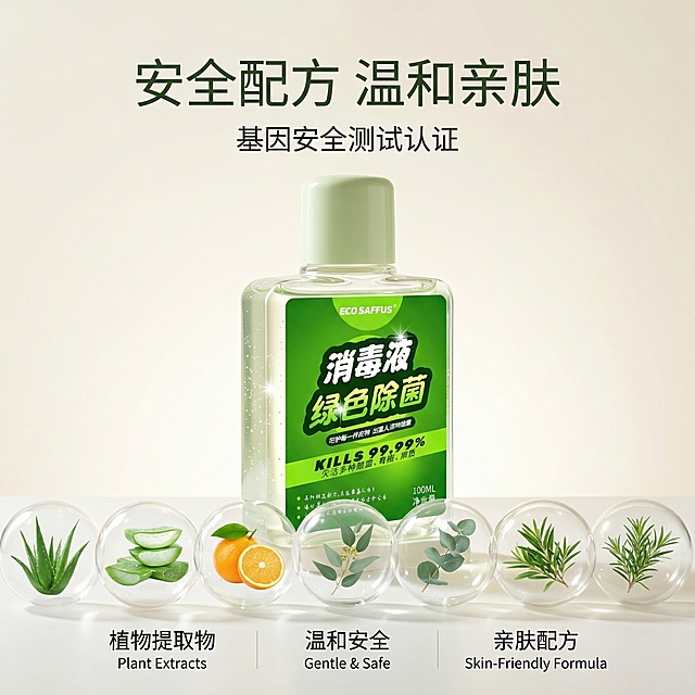 衣物消毒液安全材质展示主图，舒适简约家居治愈风格，基于原产品保持外观一致，浅暖白色渐变背景，侧逆光展示消毒液透明瓶身和清澈液体质感，底部排列展示核心安全成分，用晶莹剔透的气泡包裹植物提取物，搭配简约文字标注。顶部大标题"安全配方 温和亲肤"，强调基因安全测试认证。整体配色清新明亮，浅绿浅米色调，柔和光影，产品外观和原图保持一致，1:1构图，背景铺满全屏无边框，文字不遮挡产品主体。