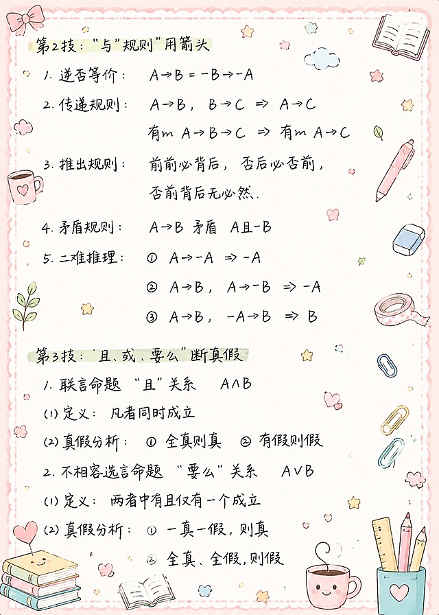 将这张手写逻辑判断笔记图片，参考马卡龙手账涂鸦风格进行美化。保留所有手写文字内容完全不变，文字清晰可读不被遮挡。整体风格为马卡龙色系手账涂鸦风，增加浅粉色马卡龙边框，四个角落添加可爱的手账装饰元素，页面空白处添加密集但不杂乱的小涂鸦装饰，包括文具（笔、尺子、橡皮、胶带、回形针）、咖啡杯、星星、小书本、小叶子、云朵、小爱心等手账涂鸦元素，颜色为马卡龙粉、蓝、黄、绿柔和配色，整体风格可爱清新，和参考图的马卡龙手账涂鸦风格保持一致，不遮挡任何原文文字内容。