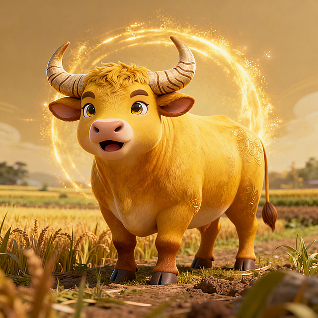 梦幻感与卡通感交织的软3D风格，拟人化金牛闪耀鎏金粒子光环，田园背景烘托节日祥瑞氛围。