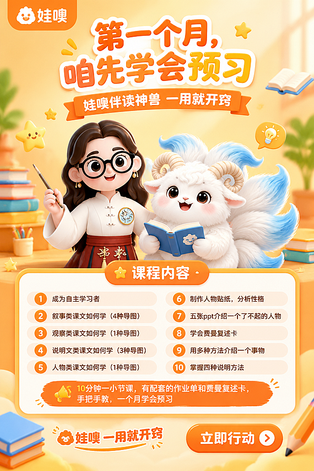 一张A4竖版（2:3比例）的K12教育课程海报，3D卡通可爱风格，温暖明亮童趣。画面主体：左侧是戴眼镜国风女老师3D卡通形象（完整保留外形、发型、眼镜、白色上衣红裙、徽章、颜色与质感），右侧是白色九尾羊伴读神兽IP形象（完整保留毛茸茸白色身体、蓝色渐变九尾、羊角、可爱大眼睛与整体造型），两个角色友好互动，占据画面中部主要视觉区域。画面顶部左上角放置橙色品牌logo元素。顶部大标题区：主标题"第一个月，咱先学会预习"，醒目大字温暖亲切；副标题"娃噢伴读神兽 一用就开窍"。画面中部为课程内容信息卡片区，以橙色圆角卡片形式呈现10项预习能力清单："成为自主学习者"、"叙事类课文如何学（4种导图）"、"观察类课文如何学（1种导图）"、"说明文类课文如何学（3种导图）"、"人物类课文如何学（1种导图）"、"制作人物贴纸，分析性格"、"五张ppt介绍一个了不起的人物"、"学会费曼复述卡"、"用多种方法介绍一个事物"、"掌握四种说明方法"。课程内容下方加一行醒目说明："10分钟一小节课，有配套的作业单和费曼复述卡，手把手教，一个月学会预习"。底部有品牌slogan"娃噢 一用就开窍"和醒目的行动按钮"立即行动"。背景为温暖的橙黄色渐变，点缀书本、铅笔、星星、气泡等童趣学习元素，柔和自然光，四周留足安全边距，画面层次分明，排版精美，文字清晰可读，适配A4印刷。画面中所有数字必须精确渲染，不得错位、遗漏或编造。