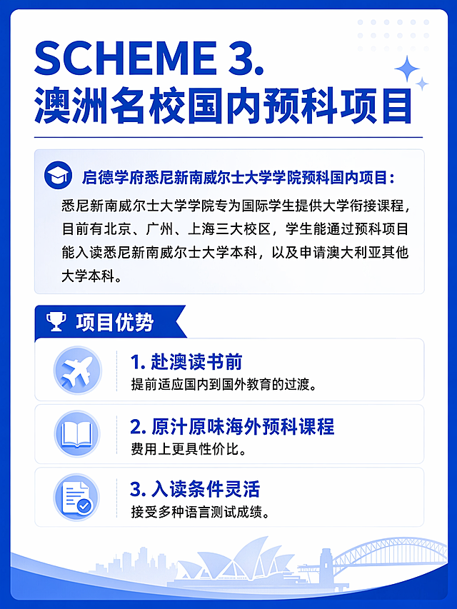 小红书笔记详情页，整理内容为：SCHEME 3. 澳洲名校国内预科项目，启德学府悉尼新南威尔士大学学院预科国内项目：悉尼新南威尔士大学学院专为国际学生提供大学衔接课程，目前有北京、广州、上海三大校区，学生能通过预科项目能入读悉尼新南威尔士大学本科，以及申请澳大利亚其他大学本科。项目优势：赴澳读书前，提前适应国内到国外教育的过渡；原汁原味海外预科课程，费用上更具性价比；入读条件灵活，接受多种语言测试成绩。整体风格保持蓝色为主色调，简约清晰排版，方便阅读，适合小红书竖版笔记
