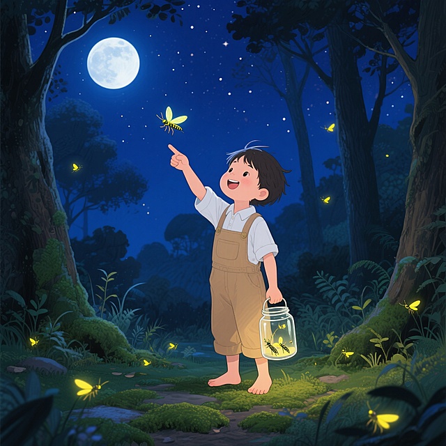 夜晚森林场景，深蓝夜空点缀繁星与明亮圆月，月光透过树木枝叶洒下柔和光晕，地面覆盖苔藓与低矮植物，萤火虫在林间飞舞散发黄色微光。画面中央是一位穿着浅棕色背带裤和白色衬衫的小男孩，他赤着脚，短发被夜风吹起，正仰头伸手指向空中一只特别明亮的萤火虫，脸上带着惊喜的笑容，手中提着一个透明玻璃罐，罐内已有几只萤火虫在发光。整体风格为温馨治愈的插画风格，色彩以深蓝、墨绿、黄色为主，光影对比柔和，细节丰富，营造出宁静而充满童趣的氛围。