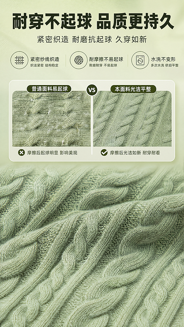 [商品] 使用【图9】抹茶绿3D立体麻花针织面料（褶皱细节图）；保留抹茶绿颜色、麻花编织纹理、针织材质；增强面料纹理清晰度和质感，突出耐磨抗起球品质，不改变面料材质和颜色。
[画面] 目标：不起球耐穿卖点展示，体现面料耐用品质。构图：上下结构，上方主标题+对比测试示意，下方面料细节特写。可加入左右对比示意（左侧：普通面料起球；右侧：本面料光洁如新），用简约图标或小图对比。面料特写占画面约55%，展示光洁平整的表面。阅读动线：从上至下。前景：面料细节；中景：对比测试卡片；背景：同色系浅绿渐变。
[视觉] 套系策略：风格=1688工厂批发专业商业摄影风；标题字=粗黑体 厚重有力；正文字=思源黑体 清晰易读；主色=抹茶绿（浅豆绿）；背景延展=基于抹茶绿做深浅同色渐变、细腻织物纹理底纹；强调色=深橄榄绿，仅用于小面积图标、引线、标签和数字高亮；标题色=深炭灰绿；正文色=中灰绿；组件=圆角浅绿信息卡、对比分割线、耐磨测试图标；光影=均匀明亮侧光，突出面料表面光洁度。
[文字] 顶部主标题："耐穿不起球 品质更持久"，副标题："紧密织造 耐磨抗起球 久穿如新"。配3个卖点："紧密纱线织造""耐摩擦不易起球""水洗不变形"。对比区标注："普通面料易起球"vs"本面料光洁平整"。所有文字横排，字号保证手机端清晰可读。
[规格] 图片比例9:16竖版，分辨率4K，负向提示：避免面料变形、颜色偏差、文字过小、竖排文字、极限词、绝对化承诺、虚假检测数据。
