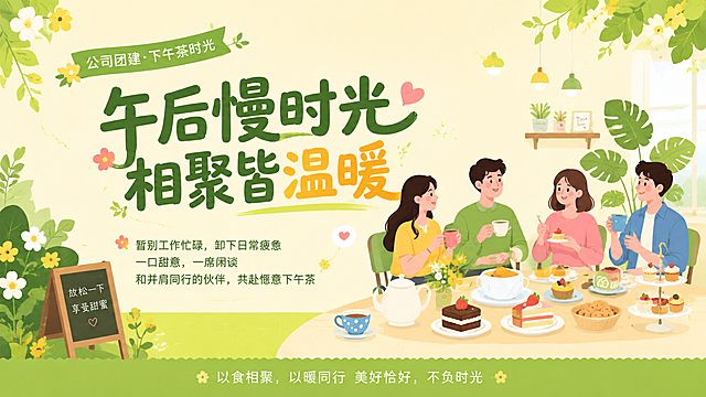 公司团建下午茶宣传海报，主标题大字"午后慢时光・相聚皆温暖"，副标题小字"暂别工作忙碌，卸下日常疲惫 一口甜意，一席闲谈 和并肩同行的伙伴，共赴惬意下午茶"，底部落款短句"以食相聚，以暖同行 美好恰好，不负时光"，参考图扁平插画风格，小清新清新色调，有甜点茶饮和休闲人物插画，PPT比例尺寸