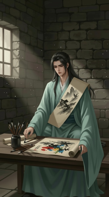 把画放在身上,单臂自然下垂的断臂画家形象，空荡衣袖垂直悬落。预览效果