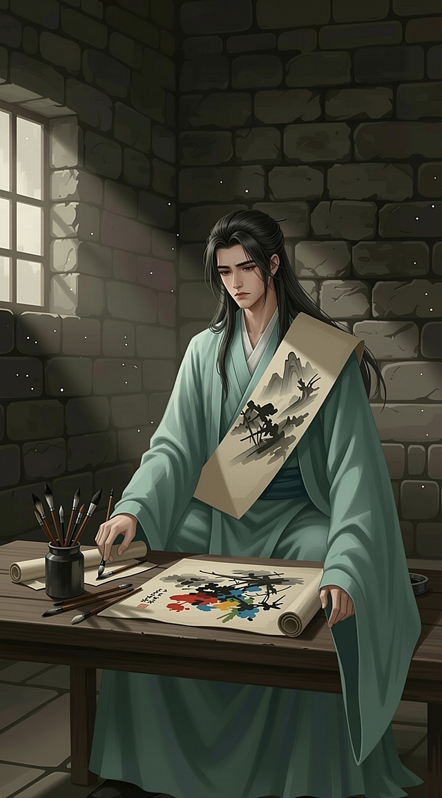 把画放在身上,单臂自然下垂的断臂画家形象，空荡衣袖垂直悬落。