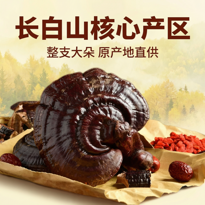[主图 2] 长白山原产地紫灵芝核心亮点展示
[氛围/风格] 产地溯源自然风格，真实山林氛围，突出品质感。
[画面元素] 原图大朵紫灵芝主体保持不变，背景融入淡彩长白山山林远景，灵芝主体清晰突出，展现预览效果