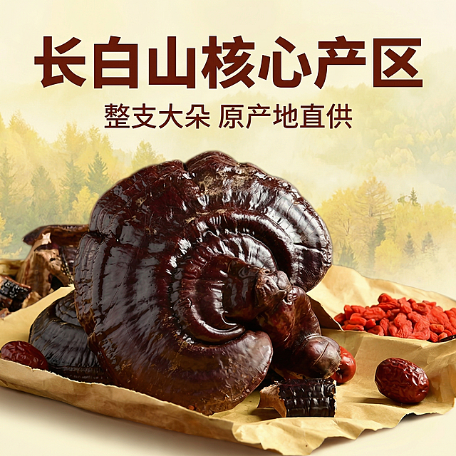 [主图 2] 长白山原产地紫灵芝核心亮点展示
[氛围/风格] 产地溯源自然风格，真实山林氛围，突出品质感。
[画面元素] 原图大朵紫灵芝主体保持不变，背景融入淡彩长白山山林远景，灵芝主体清晰突出，展现真实产地优势，整体画面干净，无边框。
[配色色系] 主色调：深棕紫灵芝，辅助色：浅绿山林色、暖黄色背景。
[视角构图] 平视视角，灵芝主体居中，背景虚化突出产品。
[文字版式] 主标题 "长白山核心产区" 加粗深棕色放在左上角，下方标注卖点 "整支大朵 原产地直供"，小字深棕，一图一个核心重点，文字不遮挡主体。
[比例分辨率] 1:1 比例，2k 分辨率。保持产品外观与原图完全一致。