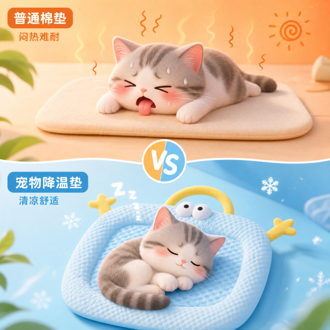 上下分屏对比图，上方普通棉垫上猫吐舌头表现很热，下方宠物降温垫上猫安睡神态平静，宠物降温垫保持参考图的可爱青蛙冰豆豆造型，整体采用卡通风格，热带马卡龙色调，1:1正方形构图。预览效果