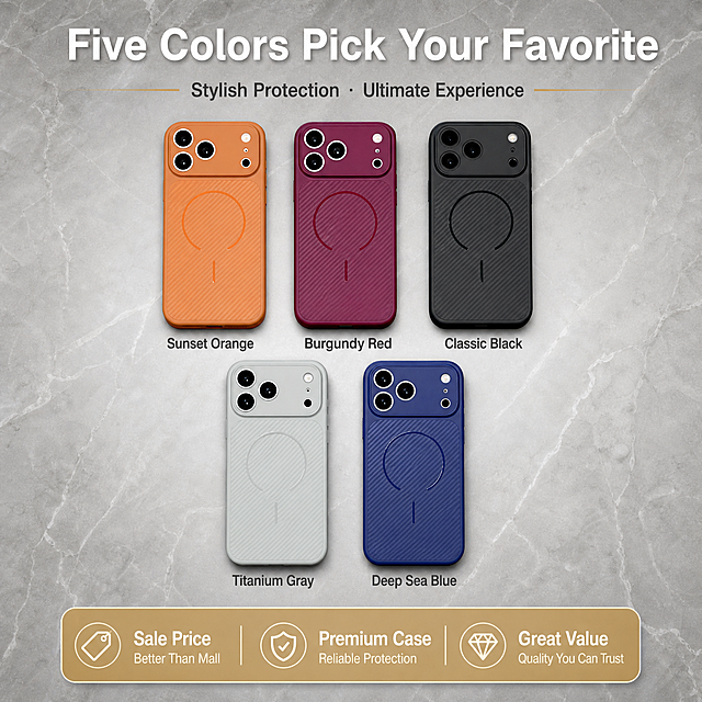 [主图-5] Five-color SKU display + promotion decision image, helping users choose color and reinforcing value for money.
[统一基调] Premium light gray marble texture background with fine natural stone veins and subtle reflection, overall luxury quality feel; main title in bold white sans-serif, subtitle in dark gray, accent color champagne gold; rounded corner cards, thin line icons, overall restrained and premium.
[画面] Center of the frame neatly arranges five phone cases back-side up in flat lay display, 2-row layout: top row 3 (orange, burgundy, black), bottom row 2 (light gray, dark blue) center-aligned. Each phone case has its color name labeled below. Products occupy about 60% of the frame, background is marble texture countertop. Bottom of the frame留出 space for promotional info.
[光影质感] Top-down flat lay commercial photography quality, even and soft lighting, each phone case has slight contact shadow beneath, carbon fiber texture clear, colors accurately reproduced.
[配色] All five phone case colors fully displayed, light gray marble background, text white + dark gray, promo label champagne gold.
[文字版式] Top main title "Five Colors Pick Your Favorite". Each phone case labeled below with color name: "Sunset Orange" "Burgundy Red" "Classic Black" "Titanium Gray" "Deep Sea Blue". Bottom champagne gold rounded promo bar reads "Sale Price Better Than Mall Premium Case Great Value". Text clear, does not obscure products.
[输出要求] 1:1 square, 2048×2048px, five colors arranged neatly, colors accurate, text clear; no distortion, typos, blurriness, color deviation, watermarks, platform logos, "SKU" text appearance.