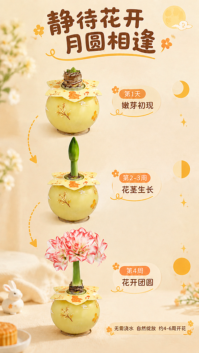 修改这张生长过程图中第二个蜡球（第2-3周 花茎生长）：

将现在空心截断的绿色花茎，替换为参考图中的长花剑形态——顶部是饱满闭合的绿色花苞（尖尖的花苞头），花茎是实心饱满的绿色，自然生长状态，不是空心截断的样子。

花茎从蜡球顶部星形挂卡中间伸出，接口处衔接自然平滑，没有黑色缝隙。

保持蜡球、挂卡、贴纸图案、背景、文字、第一和第三个蜡球、所有其他元素完全不变。