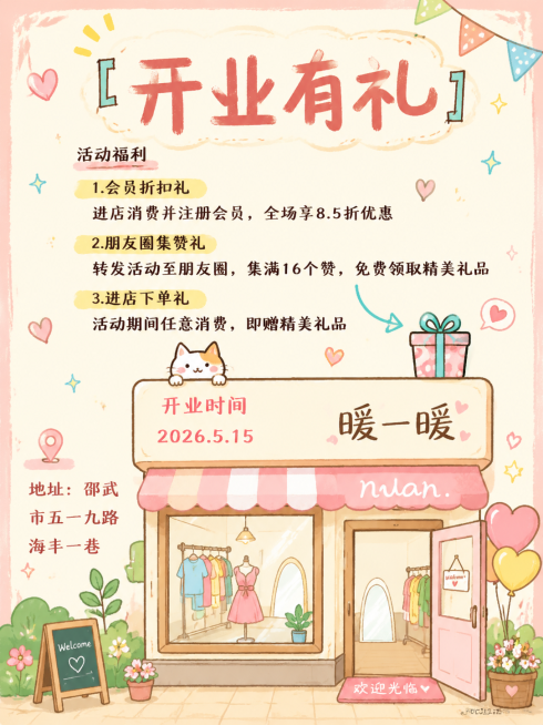 根据参考图片内容重新设计一款衣服店开业海报，保留全部文字信息，调整版式设计，风格改为温馨治愈的手绘涂鸦风格，优化色彩搭配，让画面更具吸引力预览效果