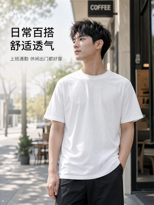 [第2屏] 场景种草-日常休闲通勤场景穿着展示。
[氛围/风格] 生活化氛围感，年轻街头风，自然抓拍质感，轻松随性。
[元素布局] 同一位年轻男模特穿着白色短袖，在城市街头咖啡店门口自然站立，单手插裤预览效果