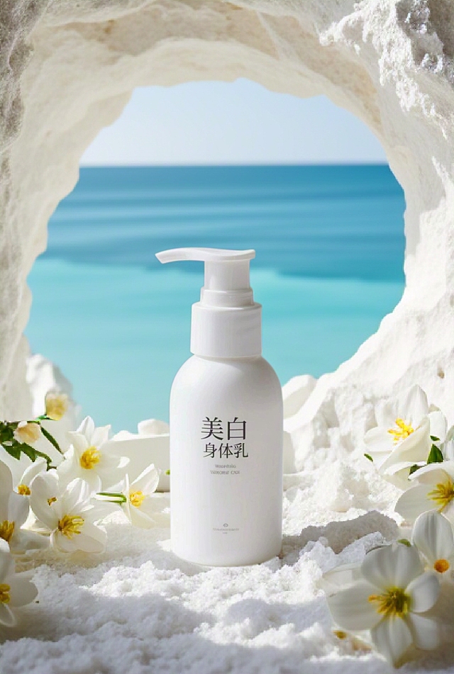 产品放在白色海盐石洞内，石洞外是海洋，白色花朵点缀