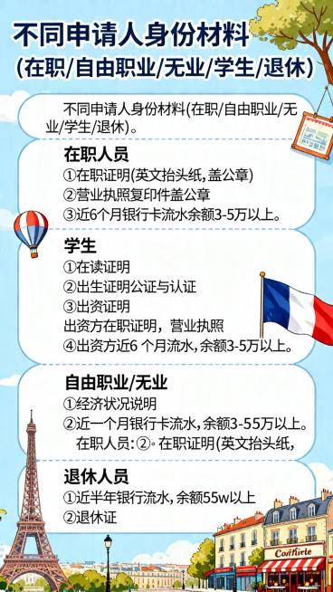一张竖版可爱俏皮风格的海报，延续统一可爱俏皮风格，添加法国及旅游元素插图，画面文字内容："不同申请人身份材料
(在职/自由职业/无业/学生/退休) 。
在职人员:
①	在职证明(英文抬头纸，盖公章)预览效果