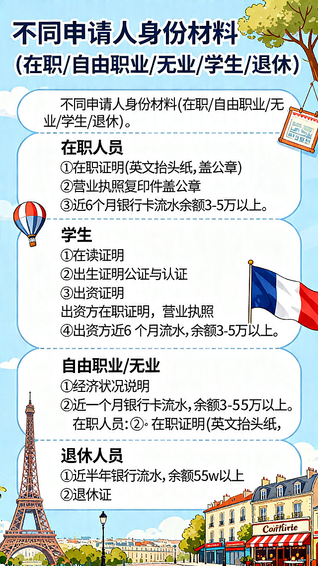 一张竖版可爱俏皮风格的海报，延续统一可爱俏皮风格，添加法国及旅游元素插图，画面文字内容："不同申请人身份材料
(在职/自由职业/无业/学生/退休) 。
在职人员:
①	在职证明(英文抬头纸，盖公章)
②	营业执照复印件盖公章
③	近6个月银行卡流水余额 3-5 万以上。
学生:
①	在读证明
②	出生证明公证与认证
③	出资证明，出资方在职证明，营业执照
④ 出资方近6个月流水，余额 3-5 万以上。
自由职业/无业:
①	经济状况说明
② 近六个月银行卡流水，余额 3-5 万以上。
退休人员:
①	近半年银行流水，余额建议 5w 以上
② 退休证"，每个段落之间用虚线分隔，无错别字，保留文字完整性，整体风格可爱俏皮，配色清新明亮，文字清晰排版整齐。