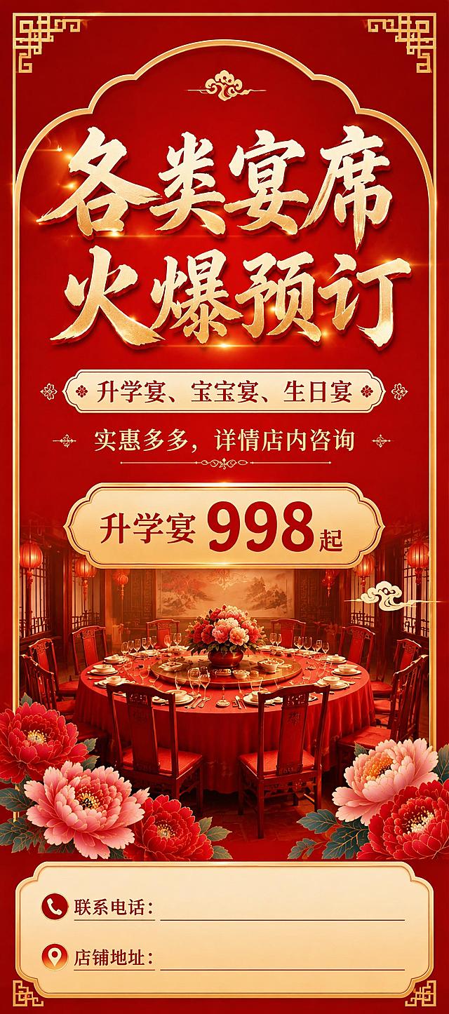 调整这张宴席预订海报，去除四角模糊混乱的装饰边框，保持整体红色喜庆国风新中式风格，整理四个角的区域使其干净清晰，保留所有文案和预留区域内容不变，排版精美，画质清晰