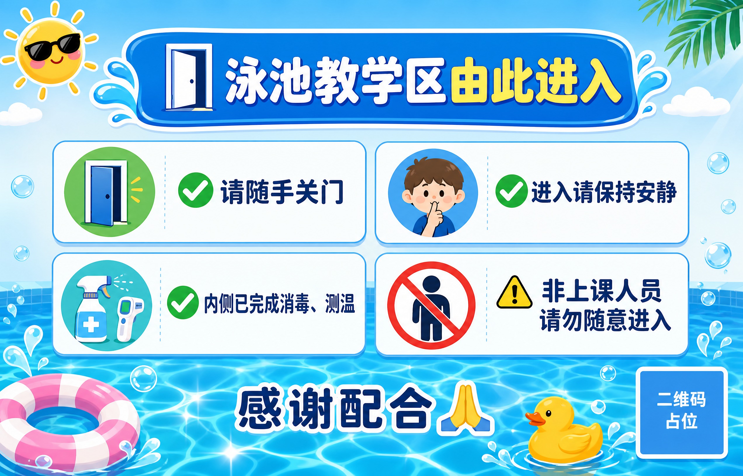 扁平插画风格的泳池教学区通知海报，横版，明亮清爽的浅蓝到白色渐… - 图片创意预览