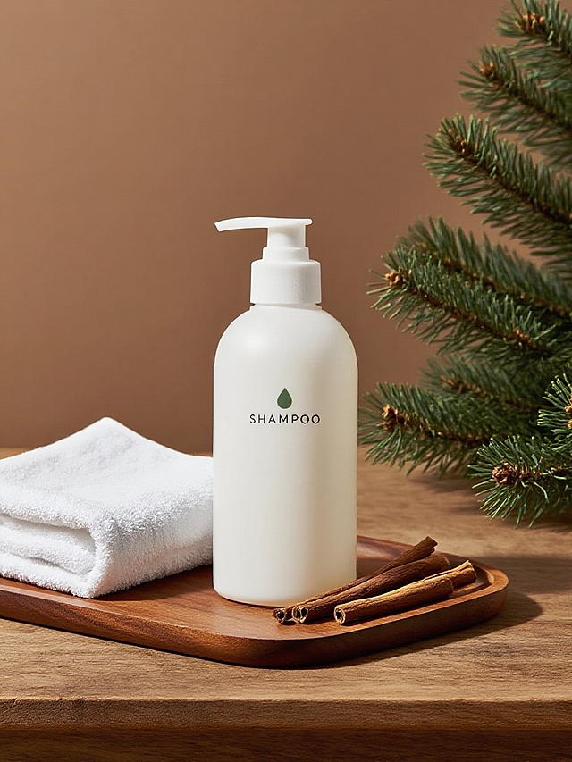 商业静物摄影。主体置于原木桌面的木质托盘上（折叠的白色毛巾和小段沉香点缀），后景是棕色背景和小束雪松。简约高级的光影。