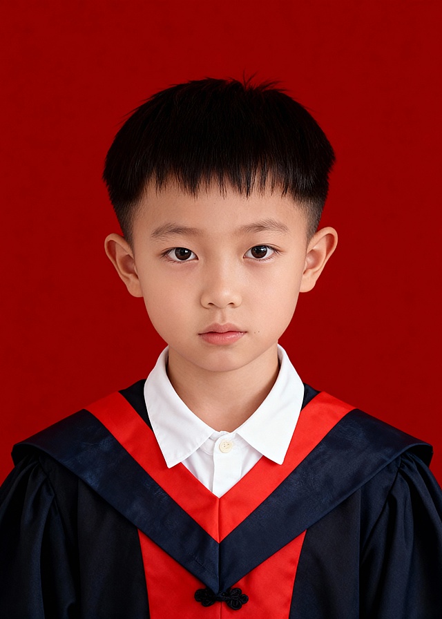 小朋友，男生，博士服穿搭，红色背景，干净的背景，证件照