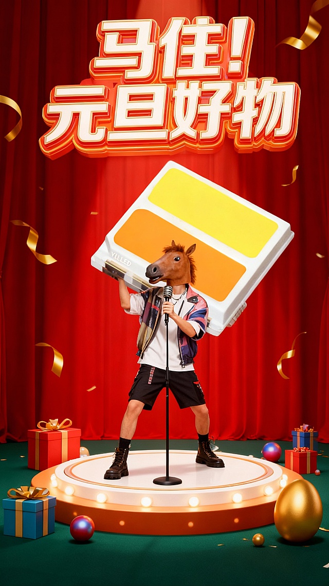 3D风+拟人风融合，马头人身角色手持巨型电池，舞台红幕与霓虹灯效营造喜庆综艺感，波普艺术色彩强化促销氛围，元旦主题趣味十足。