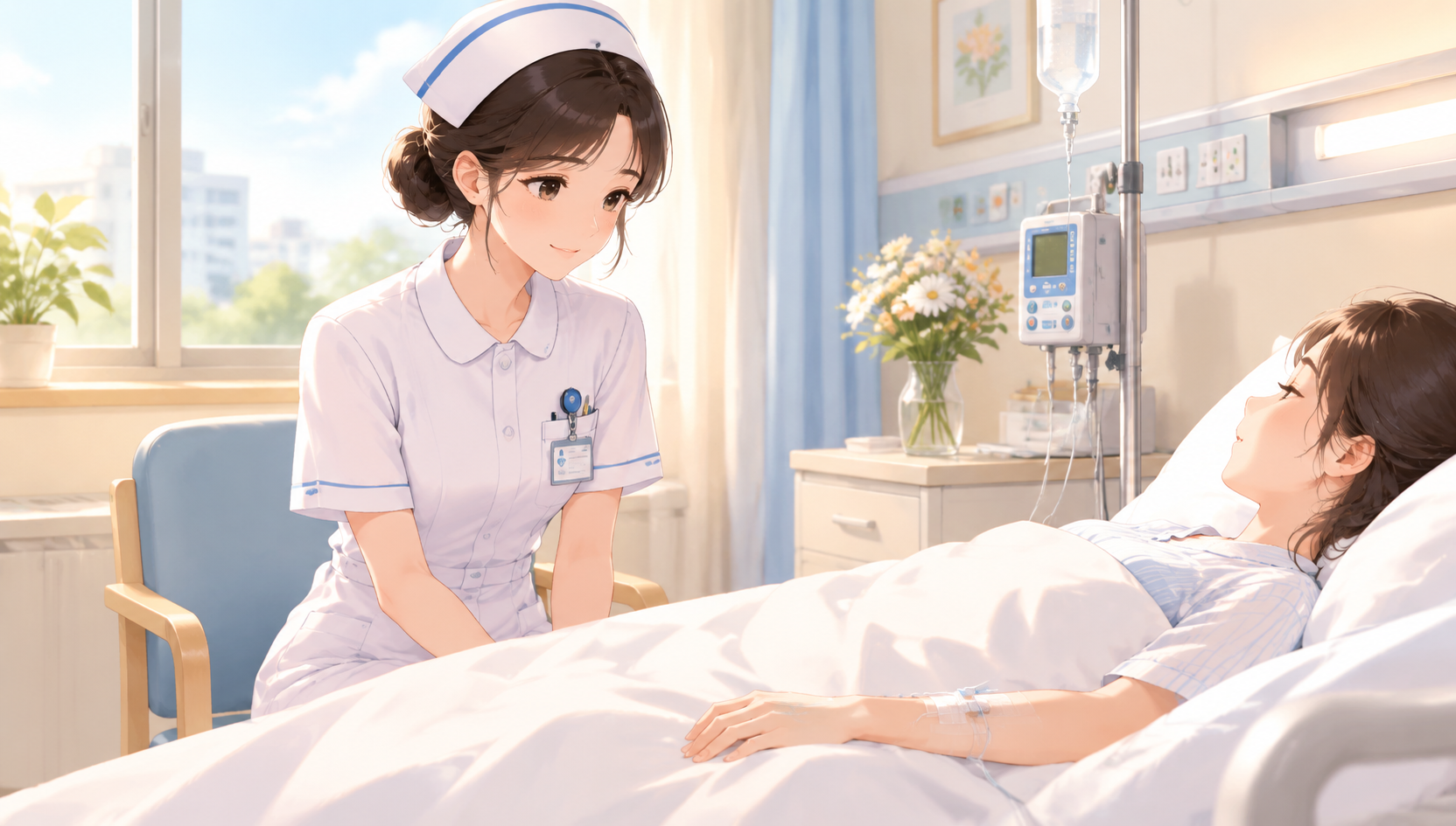 卡通插画风格，医院病房场景，一位年轻女护士穿着白色护士服坐在病… - 图片创意预览