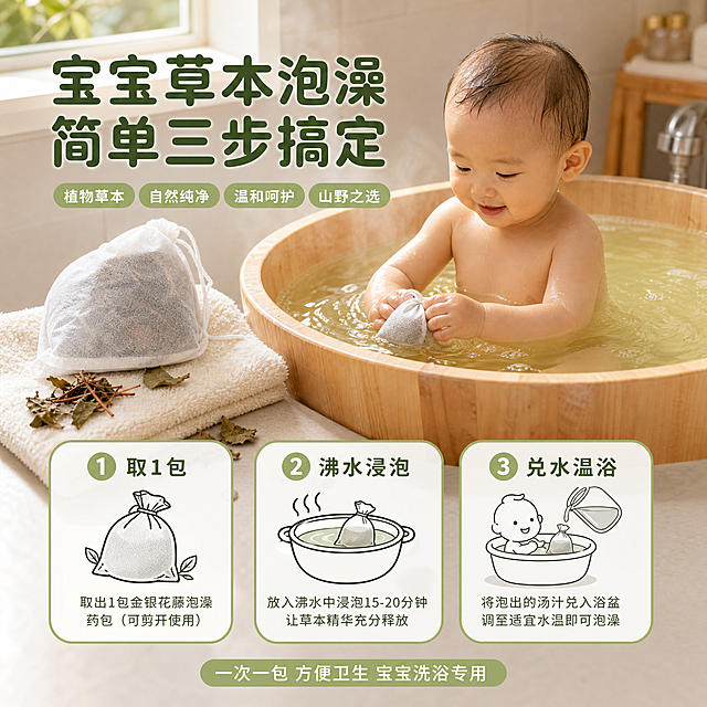 [主图-4] 使用方法与场景体验图，展示贵州野生金银花藤泡澡药包的使用步骤和宝宝洗浴场景，增强代入感。
[统一基调] 柔和亲子感 干净通透 浅色暖调 自然窗光 宝宝肌肤友好 真实家庭育儿场景 安全可信 柔软包裹感。主色奶油白+浅草绿辅助色+远山黛色点缀，标题用圆润黑体深绿色，卖点标签用圆角胶囊浅绿底白字，整体清新自然母婴风，带山野天然感。
[画面] 画面采用上大下小三步流程结构。上方大场景是温馨的宝宝浴室，木质浴盆中盛着淡黄绿色的泡澡水，水面冒着轻柔热气，旁边放着金银花藤药包和干净的纯棉毛巾，整体温暖柔和。下方用3个横向排列的圆角小卡片展示使用步骤：第一步取一包药包 第二步沸水浸泡出汤色 第三步兑入浴盆即可泡澡。每个小卡片配简笔图标+文字。
[光影质感] 商业场景摄影质感，浴室场景柔和暖光，水面有通透反光和淡淡蒸汽，药包在场景中自然摆放，光影统一温暖有沐浴氛围。
[配色] 整体暖米色+浅绿调，浴水淡黄绿色自然，产品本色保留，步骤卡片浅绿边框深绿字，标题深绿色，色调温暖统一。
[文字版式] 顶部大标题圆润黑体：宝宝草本泡澡 简单三步搞定。下方3个步骤卡片从左到右：取1包 沸水浸泡 兑水温浴。底部小字：一次一包 方便卫生 宝宝洗浴专用。文字清晰易读，不遮挡主体。
[输出要求] 1:1正方形 场景真实温馨 步骤清晰 文字清楚。禁止变形 错字 模糊 杂乱 水印 平台Logo 宝宝危险姿势。