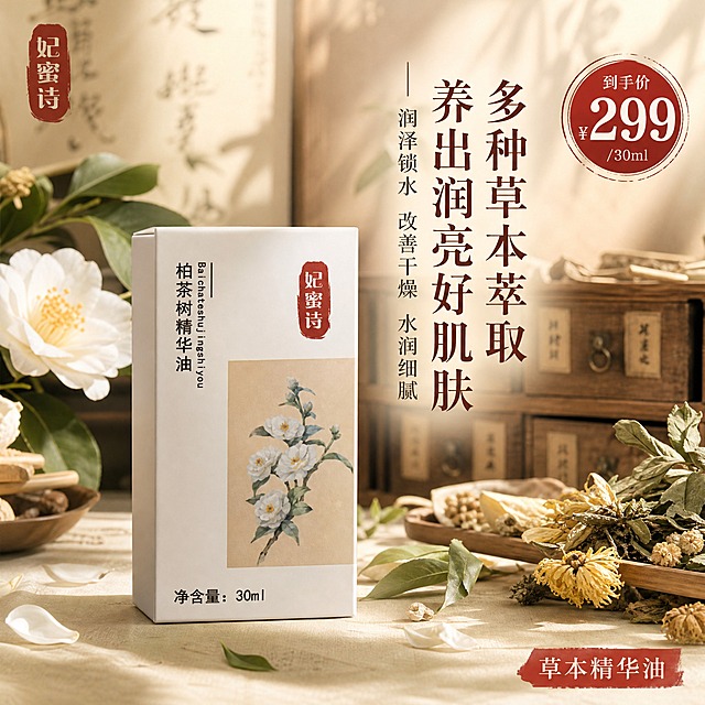 [主图-1] 小红书草本精华油首图，主打中药草本国风氛围，突出产品与价格。
[统一基调] 中药草本国风视觉，主色调为米白宣纸色+赭石红+草木绿，背景为淡雅中药铺/草本植物意境，字体选用雅致宋体风格，标题字色赭石红，辅助字色深褐，强调色朱砂红，整体温润有质感，小红书原生氛围感，不做硬广风。
[画面] 产品包装盒（妃蜜诗柏茶树精华油白色方盒，正面有山茶花图案和红色印章式品牌名）居中偏左放置，占画面约50%，产品正面完整展示无切割。背景为中式中药铺意境：虚化的木质药柜抽屉、干草本植物（山茶花、艾草、菊花等）散落周围，几片新鲜绿叶和白色花瓣轻落在产品旁，营造天然草本感。右上角有圆形朱砂红印章样式价格标。左上角放品牌名小标。
[光影质感] 柔和自然光从左上方斜射，产品表面有细腻光泽，底部有自然接触阴影，整体温润通透，商业摄影质感，3D写实渲染。
[配色] 主色米白宣纸底，点缀赭石红、草木绿、浅棕木色，整体低饱和国风配色。
[文字版式] 主标题在右侧竖排或右上横排，大字宋体："多种草本萃取 养出润亮好肌肤"；副标题小字："润泽锁水 改善干燥 水润细腻"；右下角醒目价格："299元/30ml"，价格数字放大加粗，配朱砂红底白字小标签。左上角小标："妃蜜诗"。文字不遮挡产品主体。
[输出要求] 比例1:1，文字清晰可读，产品清晰不变形，无错字，无杂乱元素，无水印，无平台Logo，无化学成分名称，无生产厂家信息。负向：产品变形、色差、模糊、悬浮、穿模、文字遮挡主体、西药/化学实验室元素、现代科技感元素。
