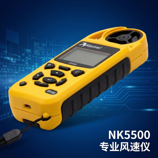 基于原图生成NK5500风速仪商品主图，展示仪器侧面细节，背景为科技感深蓝色渐变，突出仪器专业测量属性预览效果