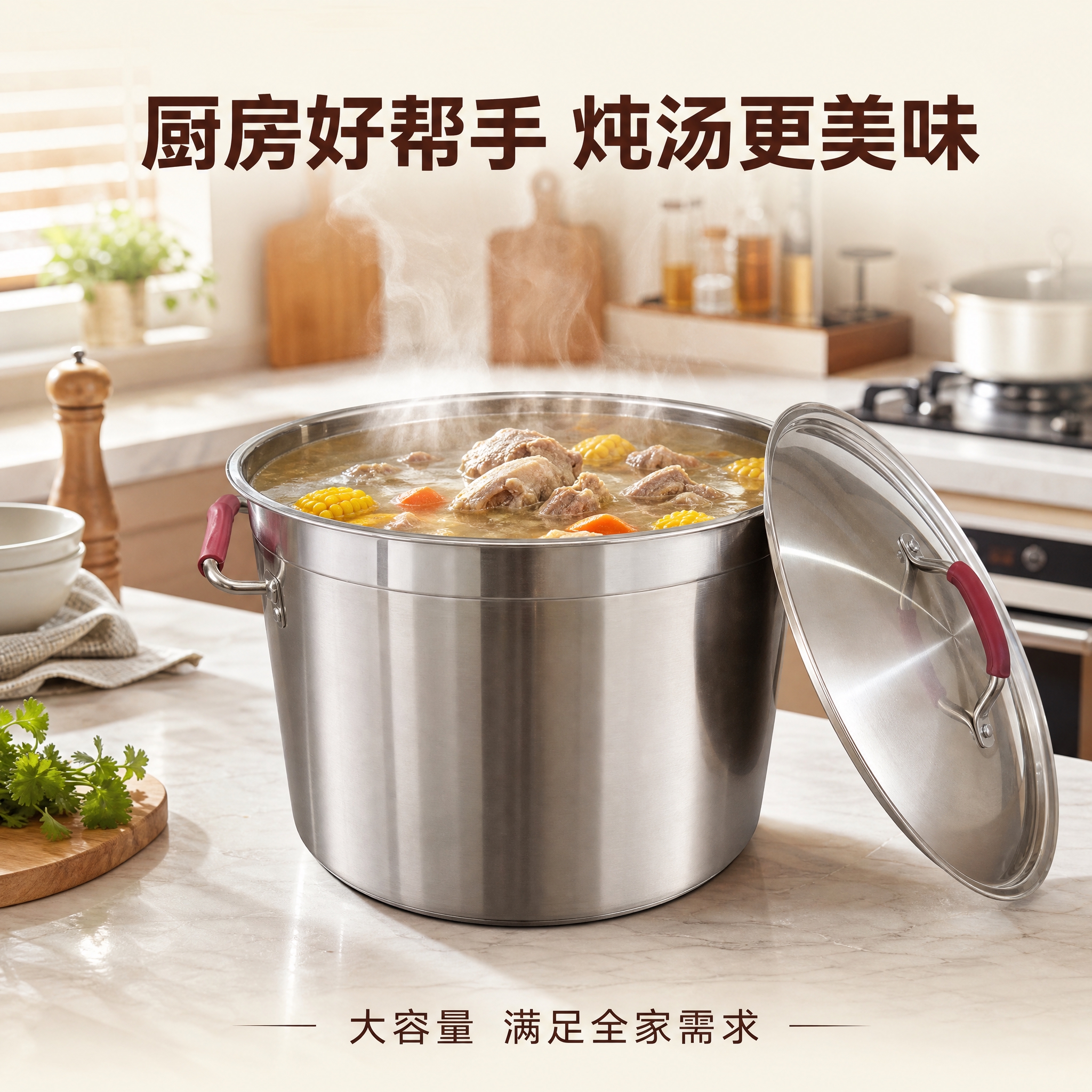 [详情图-1] 不锈钢汤桶厨房使用场景图，展示炖汤/装汤的真实… - 图片创意预览