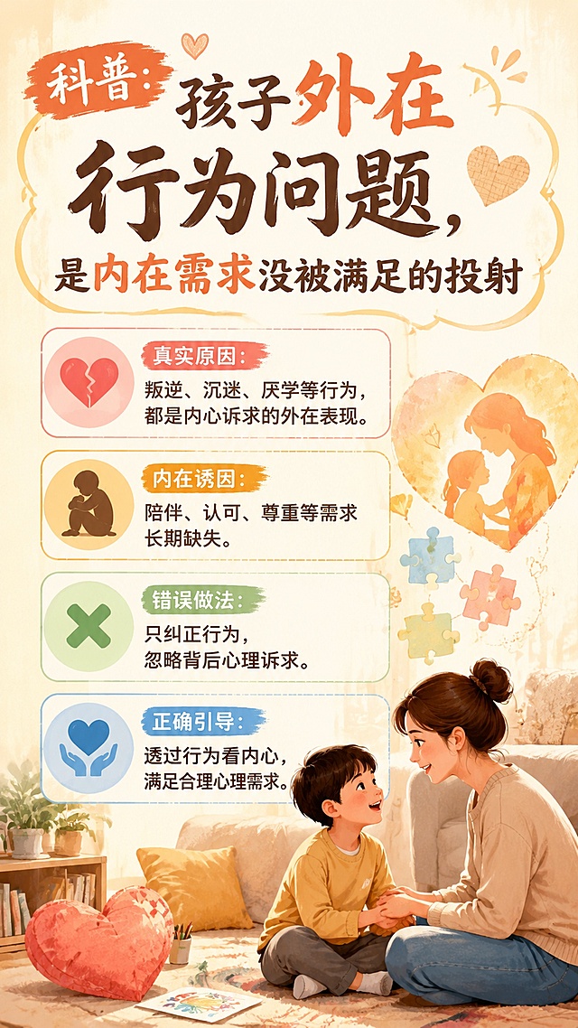 标题：科普：孩子外在行为问题，是内在需求没被满足的投射
真实原因：叛逆、沉迷、厌学等行为，都是内心诉求的外在表现。
内在诱因：陪伴、认可、尊重等需求长期缺失。
错误做法：只纠正行为，忽略背后心理诉求。
正确引导：透过行为看内心，满足合理心理需求。生成一张发朋友圈的竖版海报，竖版海报，配色舒适，排版设计合理，加上一些对应文字的元素，标题要新颖有设计感，文字需要全部出现在海报上面，需要有设计感，海报中的字迹清晰可见，画面要丰富多彩，除了我给你的文字内容外不要出现其他的文字内容
