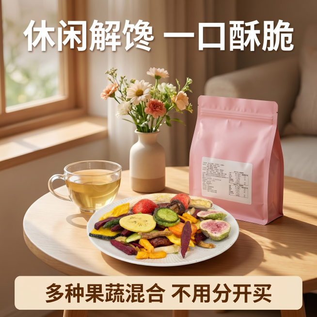 [详情页 3] 综合果蔬脆食用场景详情页，1:1比例。[氛围风格] 生活化治愈风，场景代入感强。[画质] 温馨氛围感，高清清晰。保持产品真实外观一致。[元素] 桌面下午茶场景，白色餐盘盛放果蔬脆，旁边预览效果