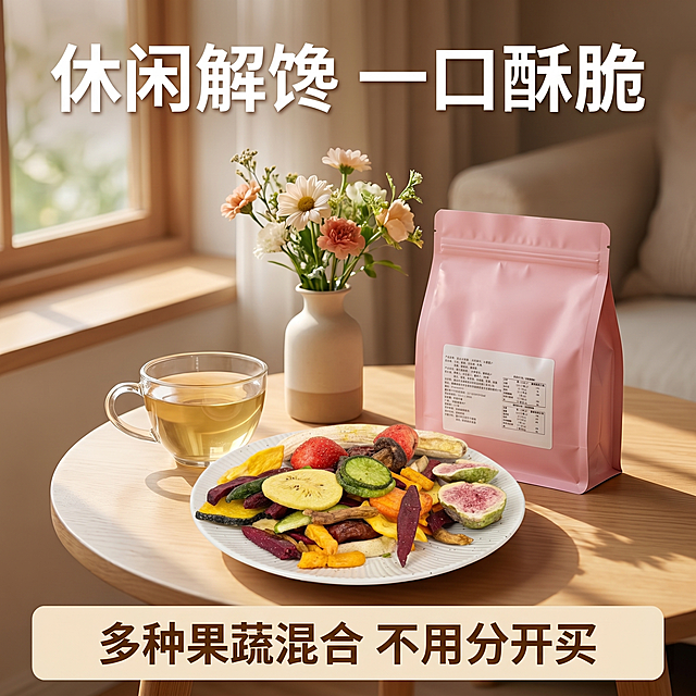 [详情页 3] 综合果蔬脆食用场景详情页，1:1比例。[氛围风格] 生活化治愈风，场景代入感强。[画质] 温馨氛围感，高清清晰。保持产品真实外观一致。[元素] 桌面下午茶场景，白色餐盘盛放果蔬脆，旁边搭配一杯清茶/咖啡，背景有简约花艺装饰，营造休闲解馋的氛围，粉色产品包装袋站立放置在旁。[光影] 柔和窗边自然光，温馨治愈，氛围感强。[配色] 浅暖色调，温馨舒适，突出产品天然健康属性。[文字版式] 顶部大标题 "休闲解馋 一口酥脆"，底部浅色系块放文案 "多种果蔬混合 不用分开买"，文字自然融入场景，不遮挡主体产品。[比例分辨率] 1:1比例，2k分辨率，文字清晰。[负向提示词] 变形，水印，文字错乱，场景杂乱，产品模糊。