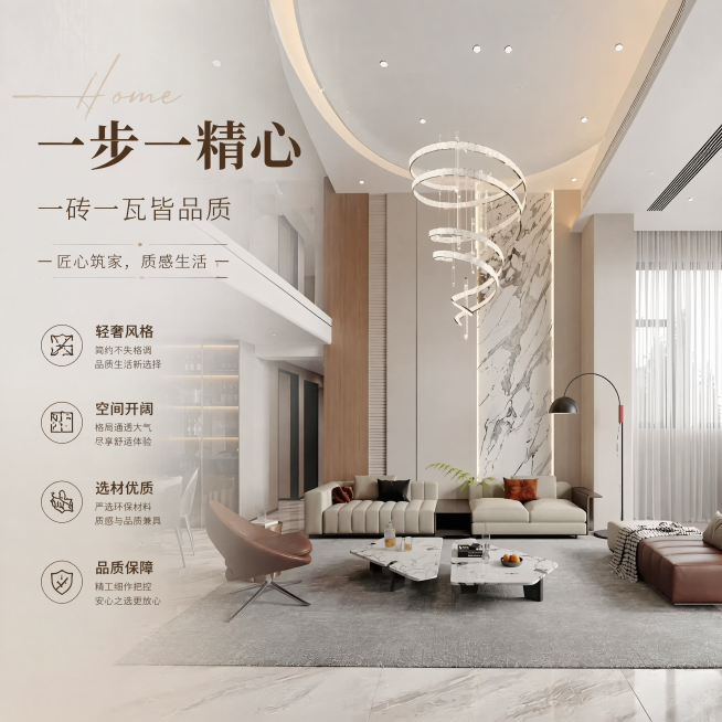 在这张现代轻奢客厅效果图的基础上，添加设计感文字，主标题为"一步一精心"，副标题为"一砖一瓦皆品质"，装饰文字为"匠心筑家，质感生活"，卖点文字为"轻奢风格""空间开阔""选材优质""品质保障"，文字预览效果
