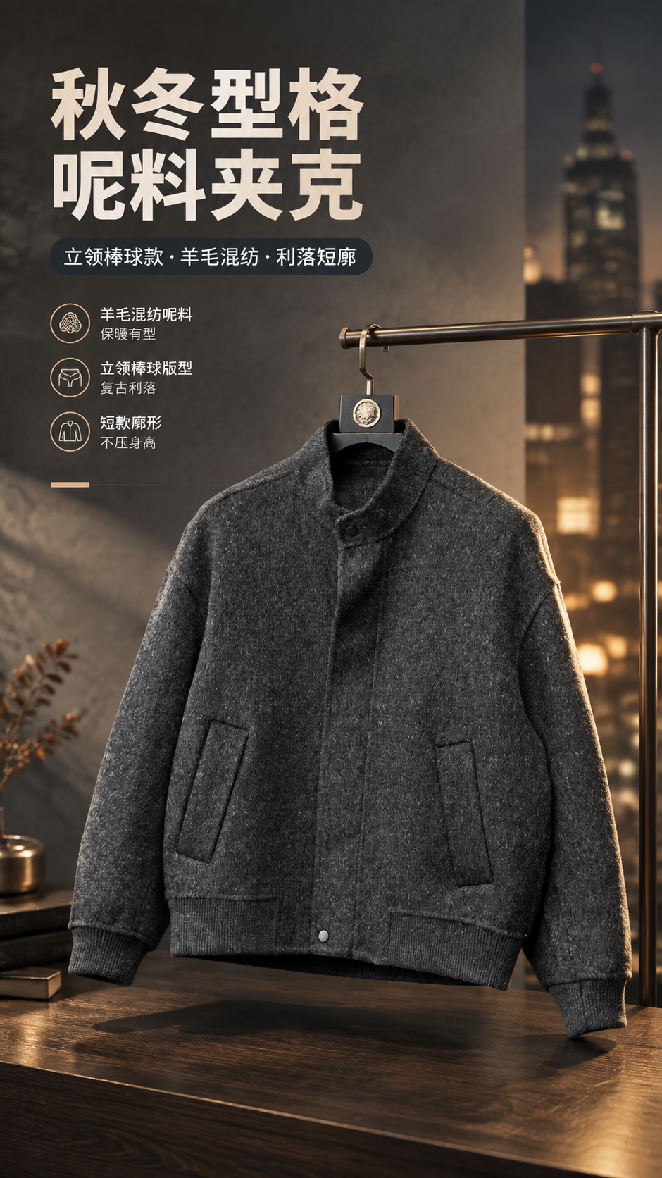 [商品] 使用【图1】深灰色立领短款羊毛呢夹克；商品处理：保留… - 图片创意预览
